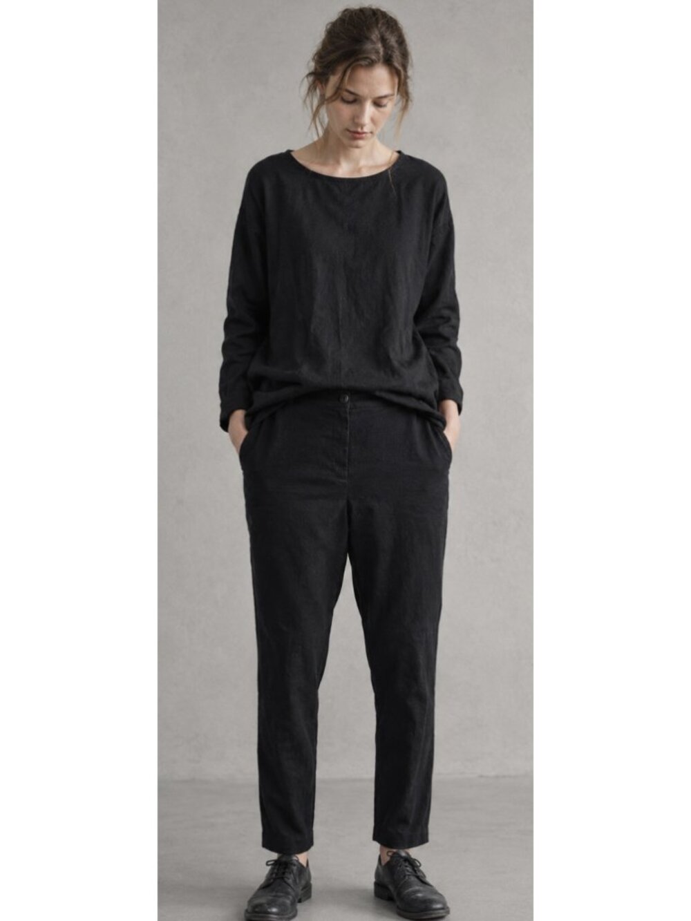 GUDRUN SJODEN Linen Cotton Blend High Rise Black Trousers Pants Small Lagenlook